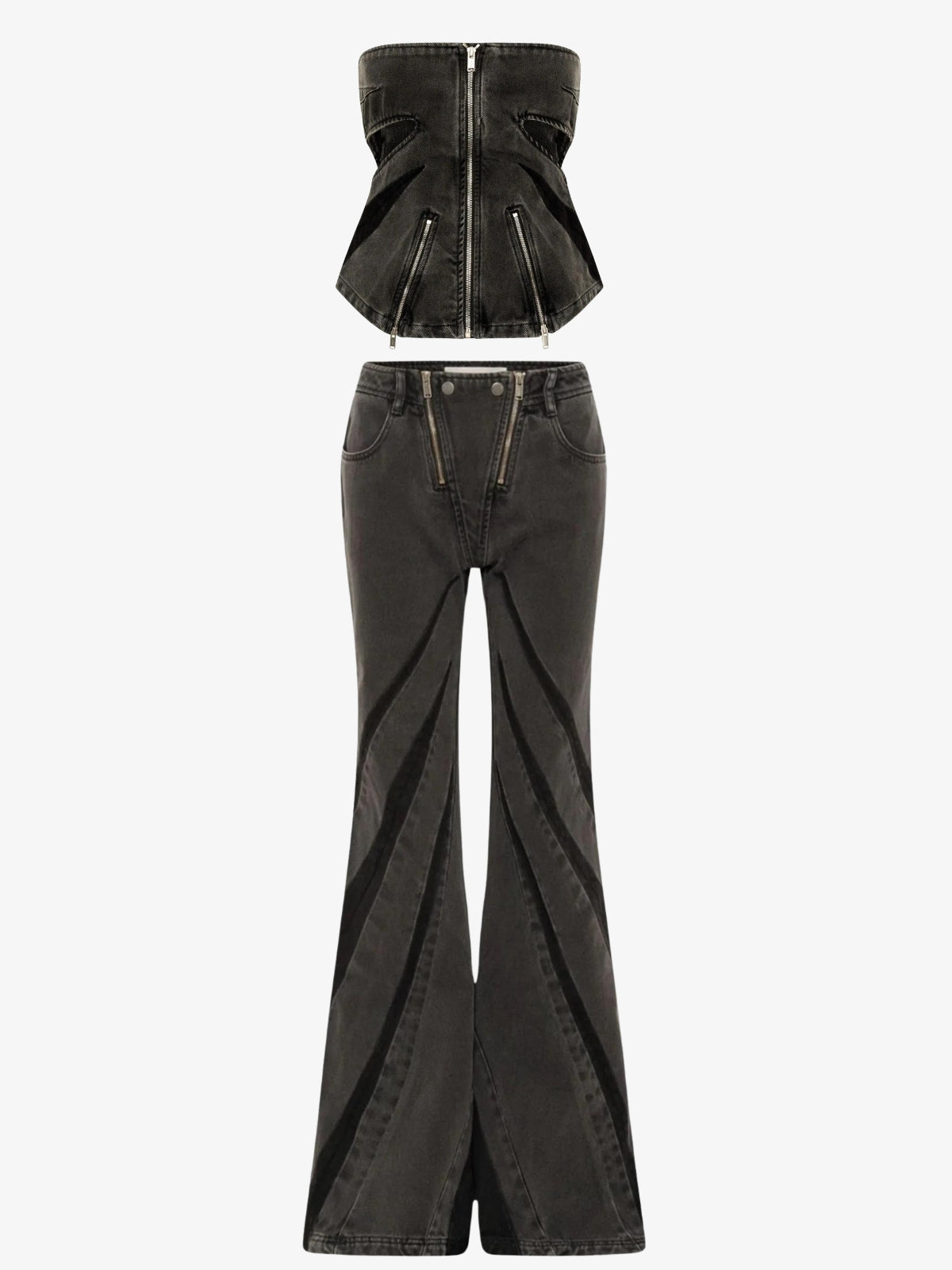 Black Denim Tube Top & Patch Jeans Two Piece Set - KAYSMAR