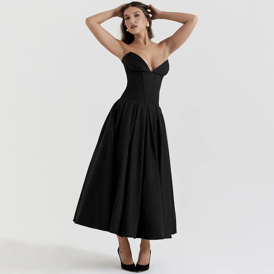 Black Plunge Corset Midi Dress - KAYSMAR