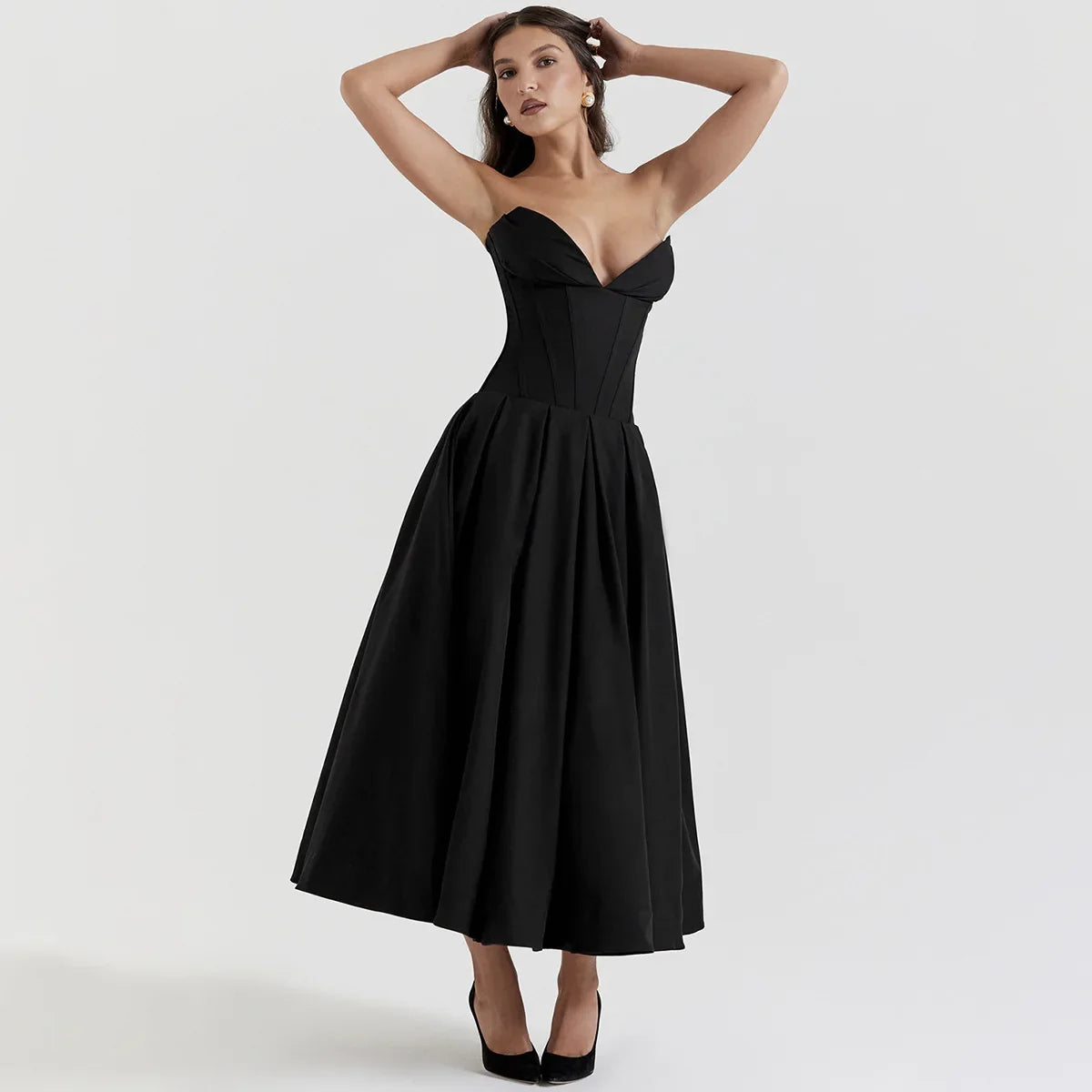 Black Plunge Corset Midi Dress - KAYSMAR