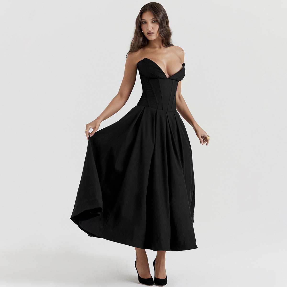 Black Plunge Corset Midi Dress - KAYSMAR