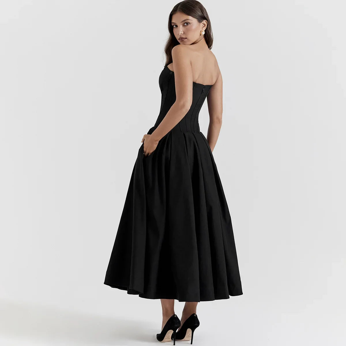 Black Plunge Corset Midi Dress - KAYSMAR