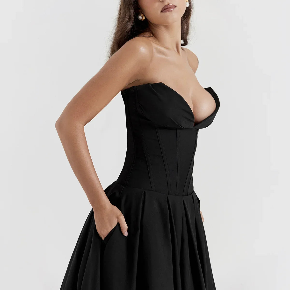 Black Plunge Corset Midi Dress - KAYSMAR