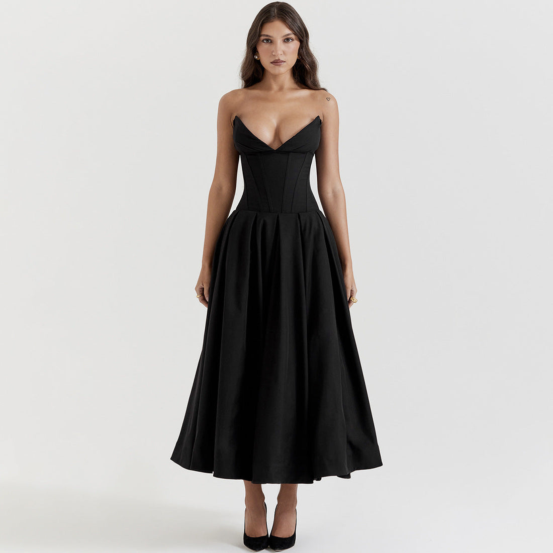 Black Plunge Corset Midi Dress - KAYSMAR