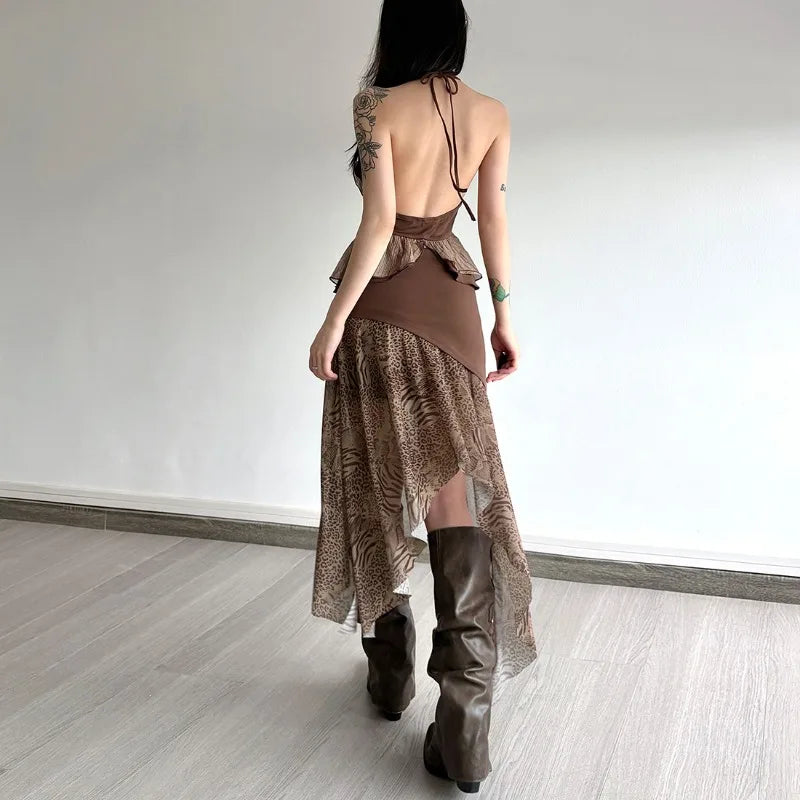 Boho Asymmetric Top & Leopard Midi Skirt Two Piece Set - KAYSMAR