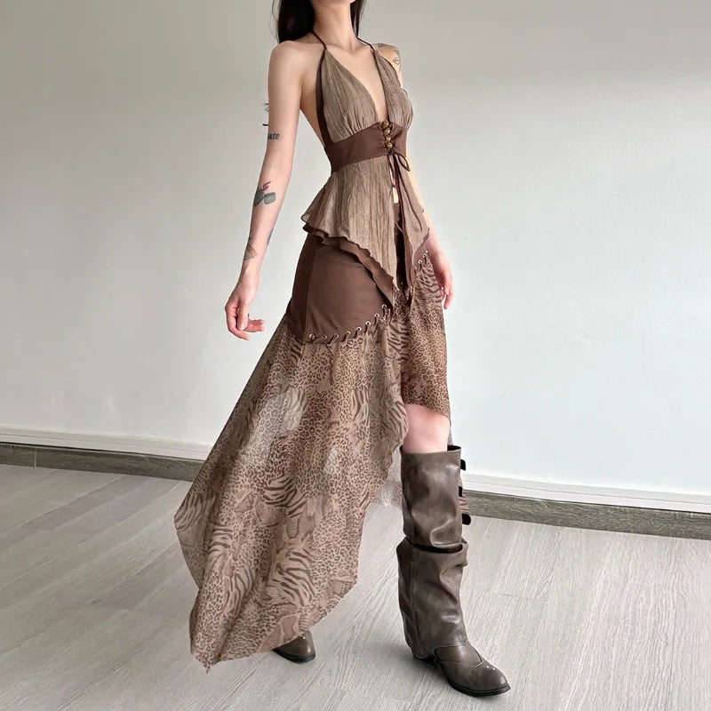 Boho Asymmetric Top & Leopard Midi Skirt Two Piece Set - KAYSMAR