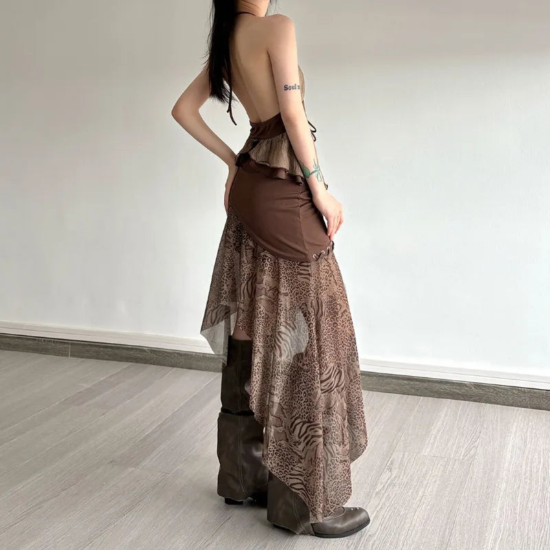 Boho Asymmetric Top & Leopard Midi Skirt Two Piece Set - KAYSMAR