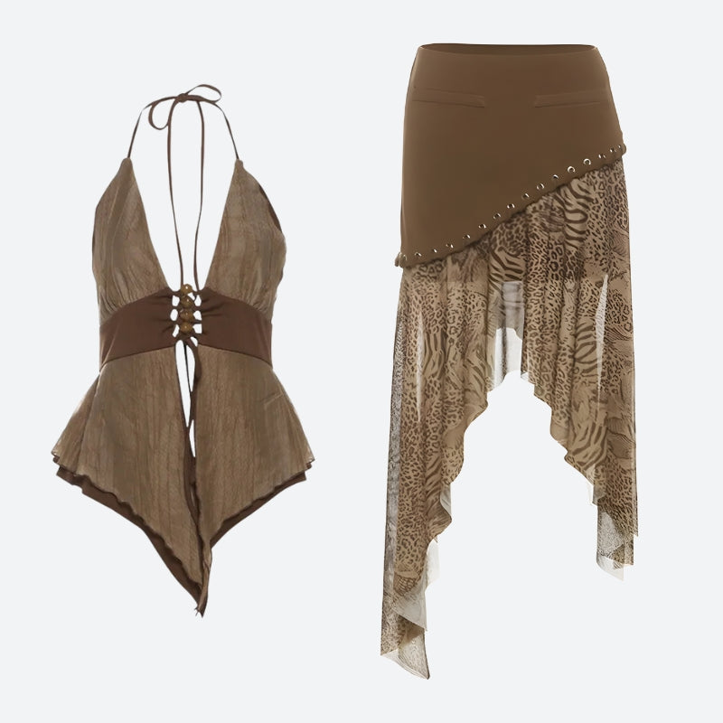 Boho Asymmetric Top & Leopard Midi Skirt Two Piece Set - KAYSMAR