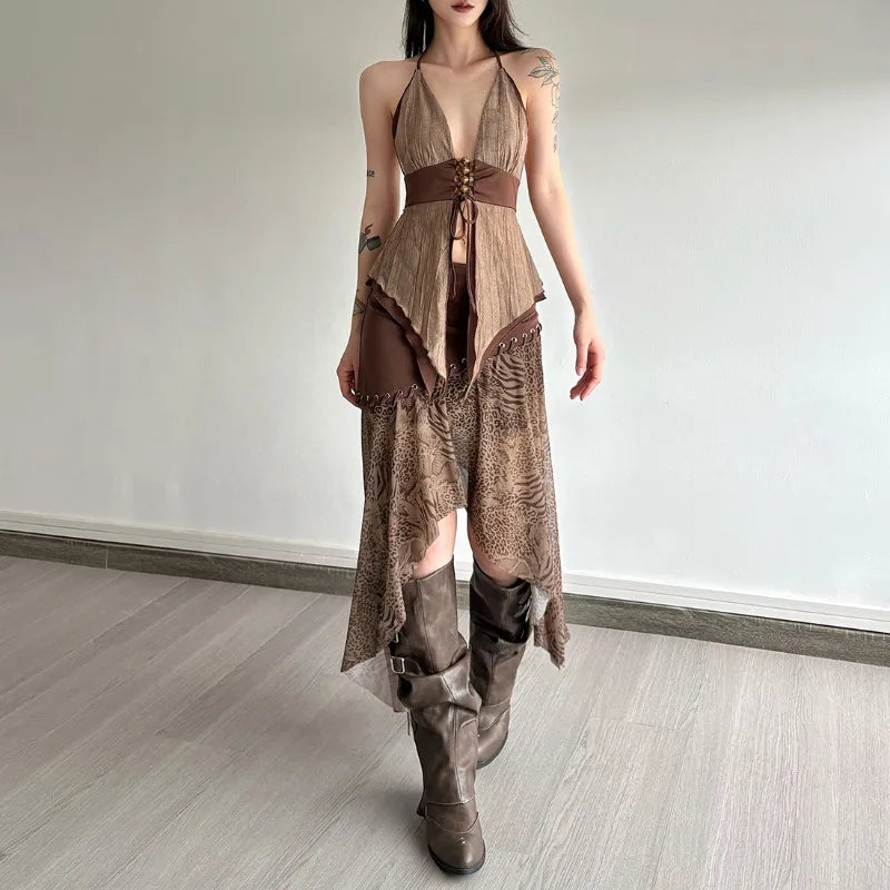 Boho Asymmetric Top & Leopard Midi Skirt Two Piece Set - KAYSMAR