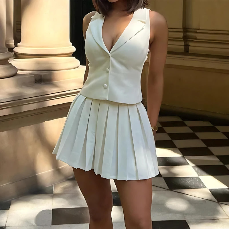 Button Up Top & Pleated Mini Skirt Two Piece Set - KAYSMAR