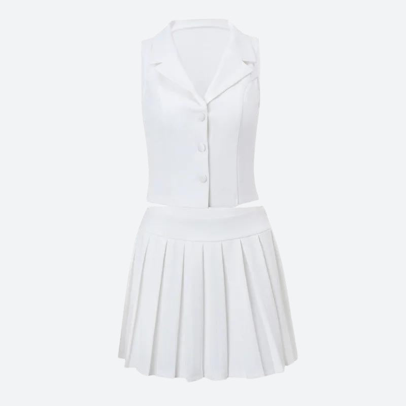 Button Up Top & Pleated Mini Skirt Two Piece Set - KAYSMAR