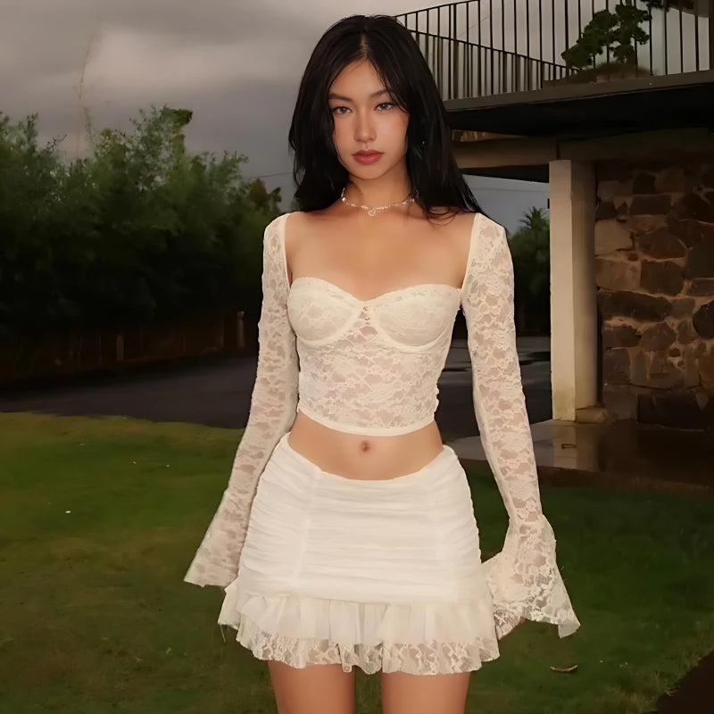 Coquette Lace Top & Ruched Mini Skirt Two Piece Set - KAYSMAR