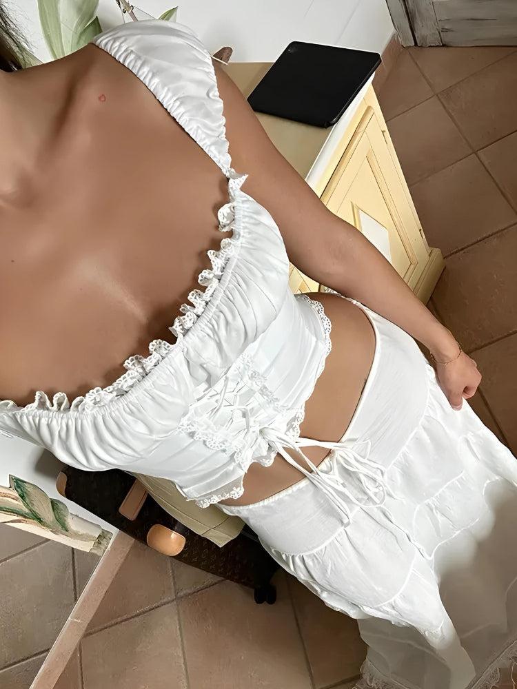 Coquette Lace Up Crop Top & Maxi Skirt Two Piece Set - KAYSMAR