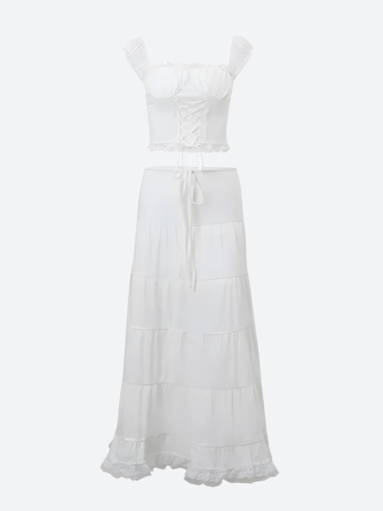 Coquette Lace Up Crop Top & Maxi Skirt Two Piece Set - KAYSMAR
