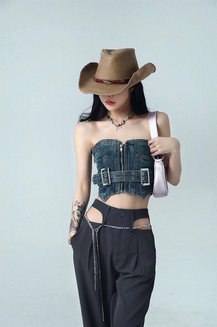 Cowgirl Crop Denim Tube Top - KAYSMAR