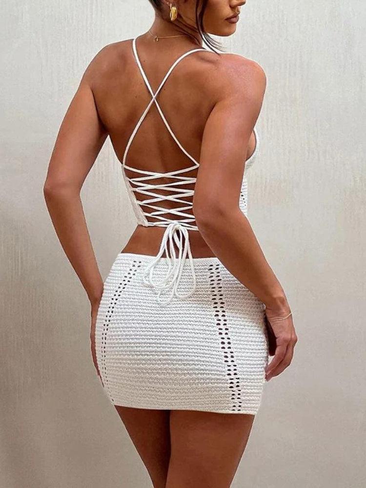 Crochet Lace Up Top & Mini Skirt Two Piece Set - KAYSMAR