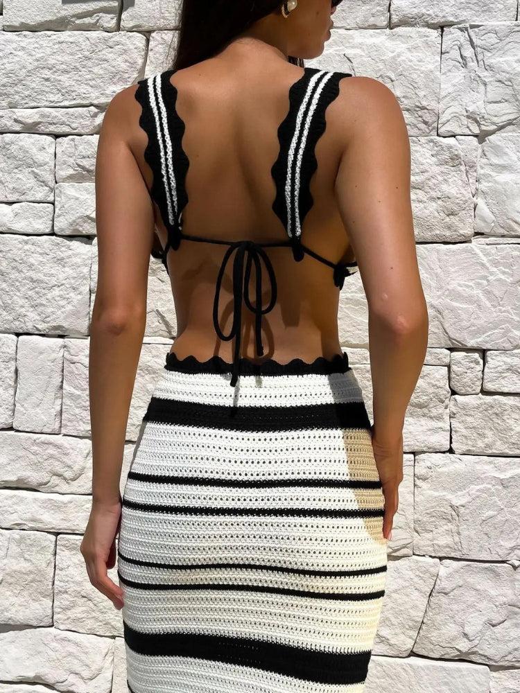 Crochet Striped Crop Top & Maxi Skirt Two Piece Set - KAYSMAR