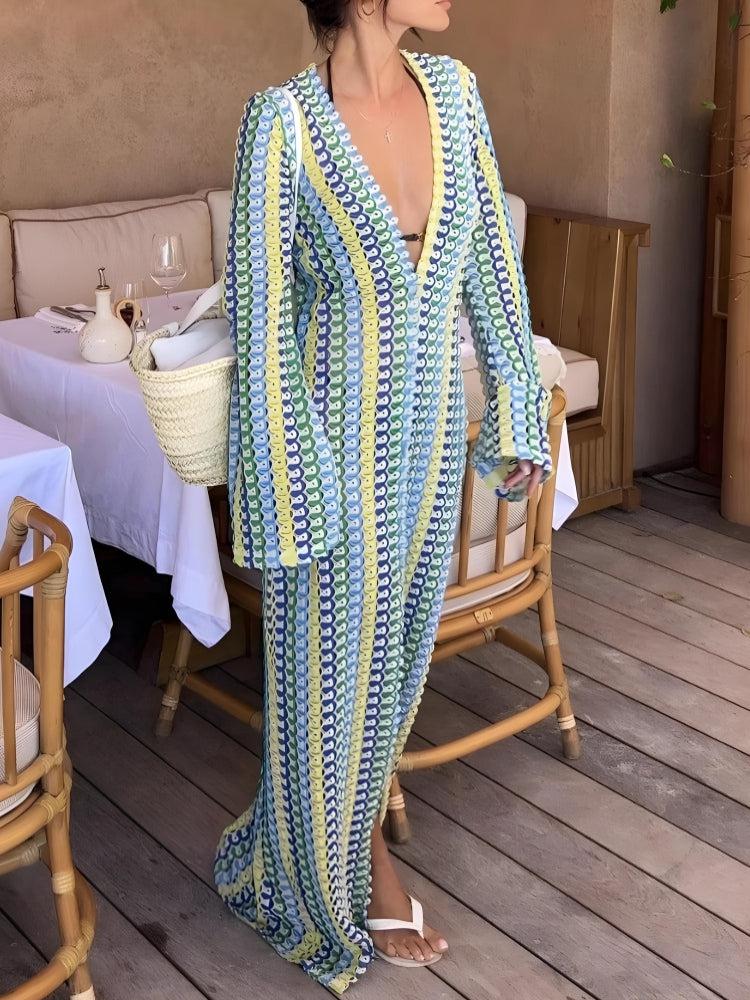 Crochet Striped Plunge Neck Maxi Dress - KAYSMAR