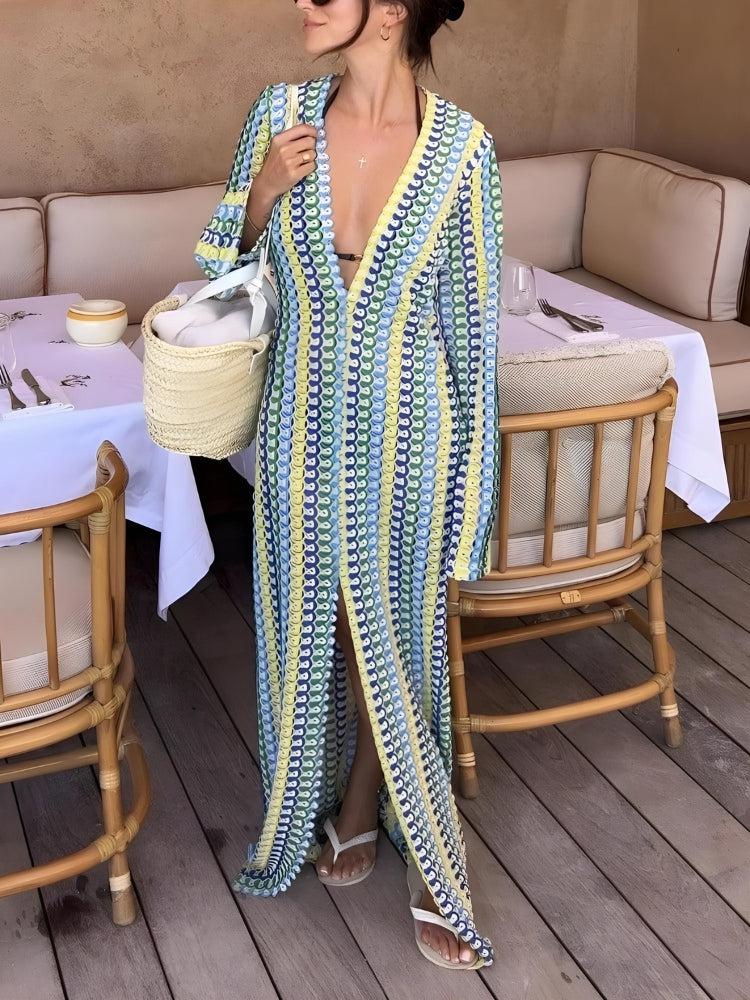 Crochet Striped Plunge Neck Maxi Dress - KAYSMAR