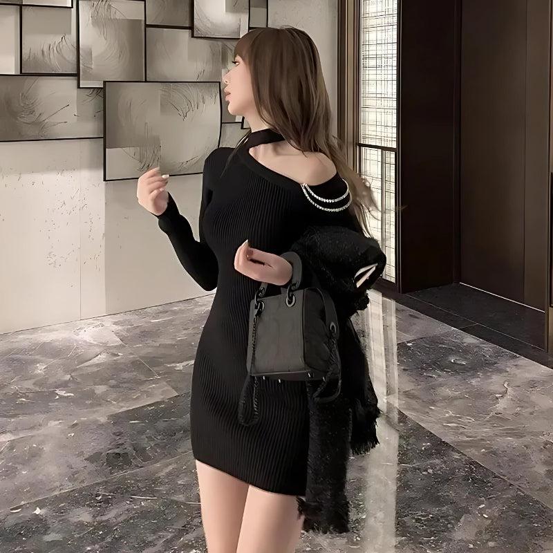 Cut Out Shoulder Rhinestone Mini Dress - KAYSMAR