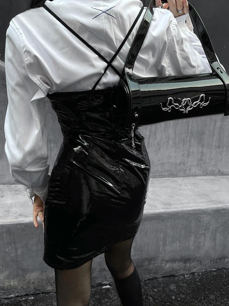 Cyberpunk Faux Patent Leather Mini Dress - KAYSMAR