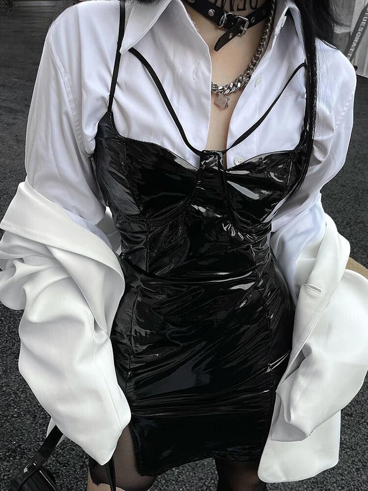 Cyberpunk Faux Patent Leather Mini Dress - KAYSMAR