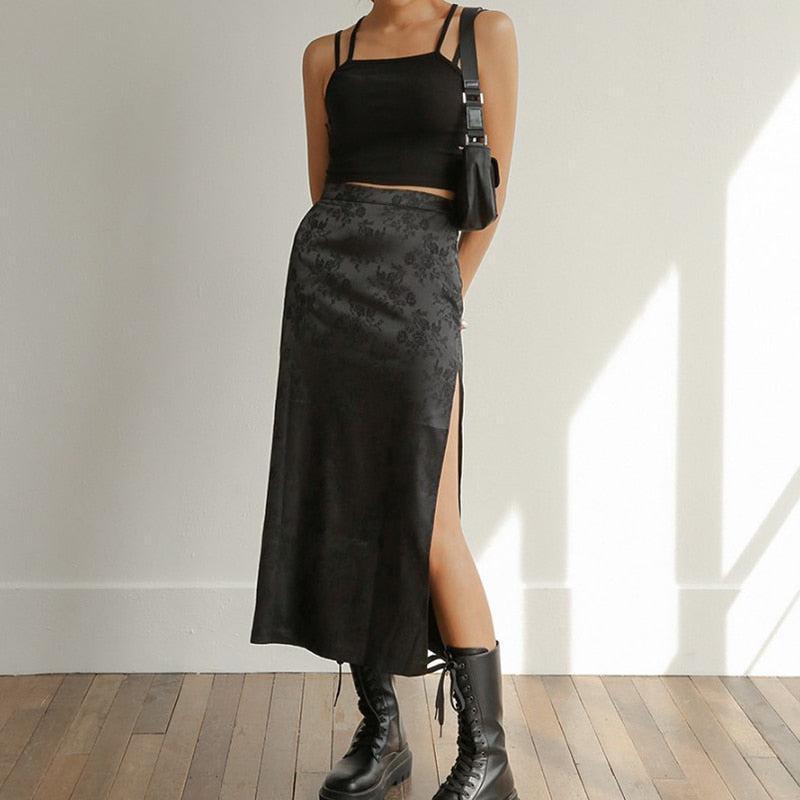 Dark Floral Side Slit Midi Skirt - KAYSMAR