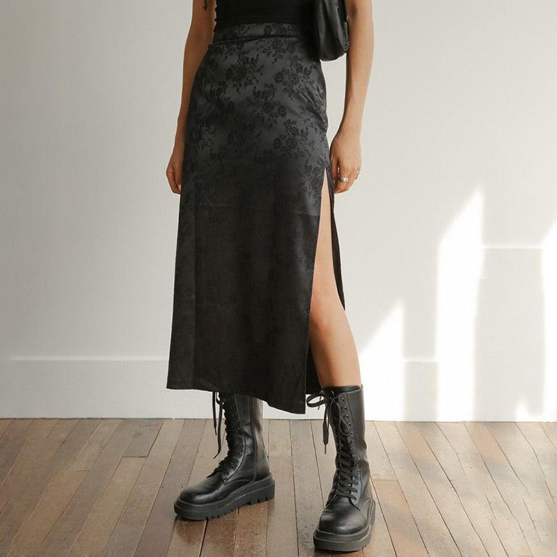 Dark Floral Side Slit Midi Skirt - KAYSMAR