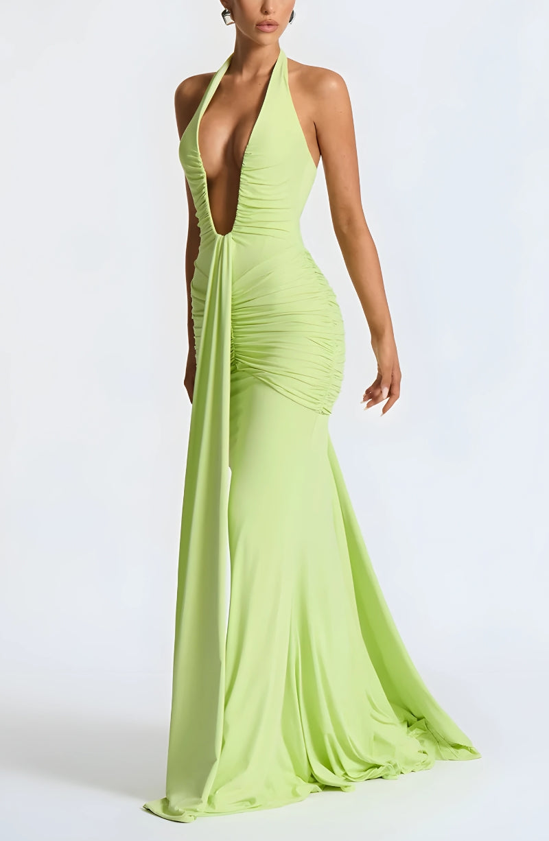 Deep Plunge Ruched Maxi Dress - KAYSMAR