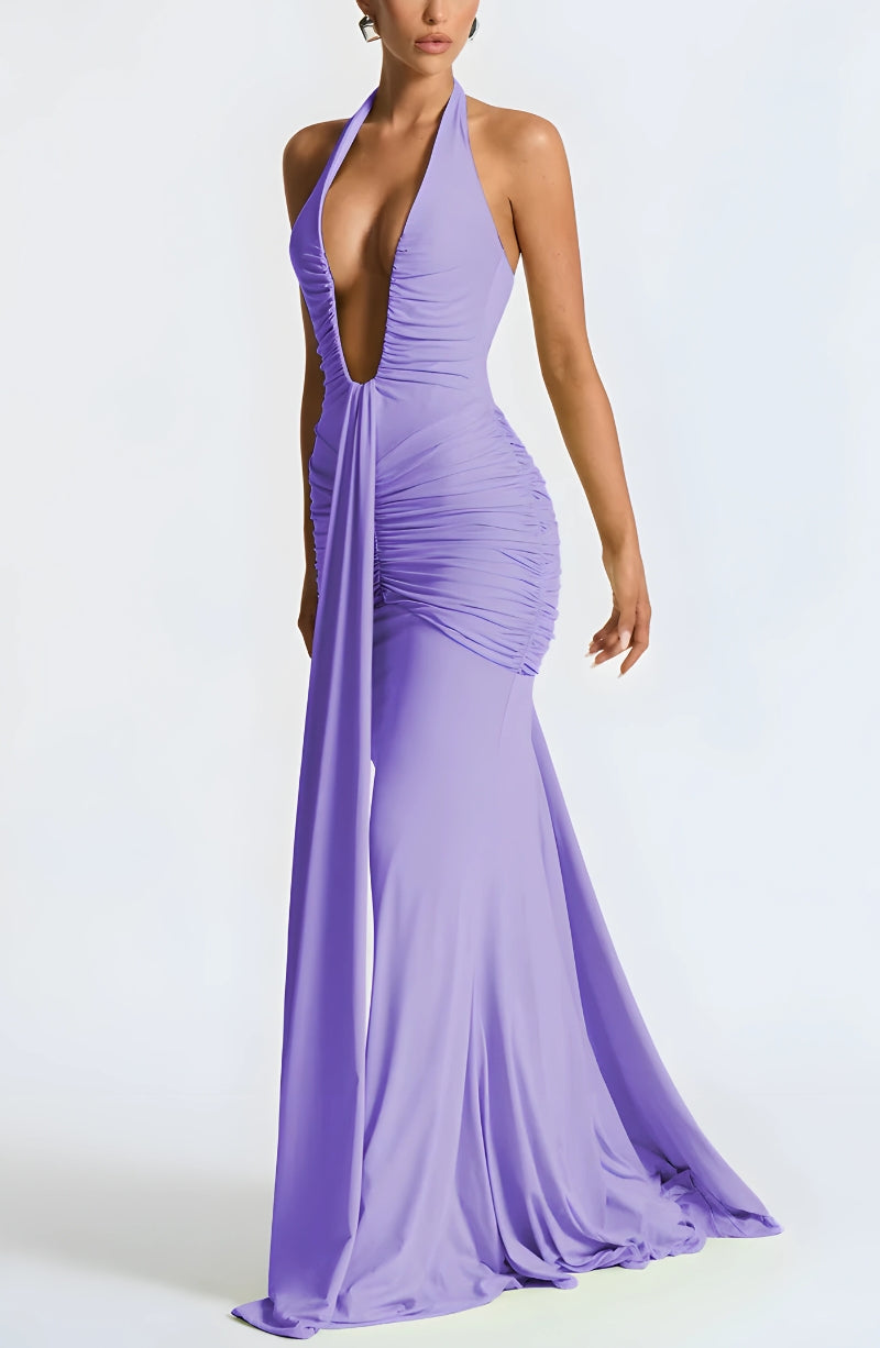 Deep Plunge Ruched Maxi Dress - KAYSMAR