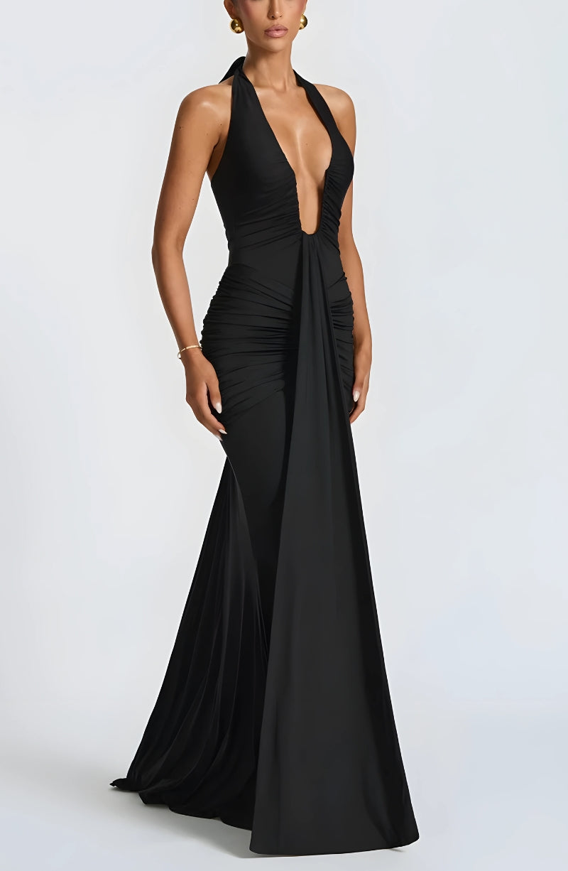 Deep Plunge Ruched Maxi Dress - KAYSMAR