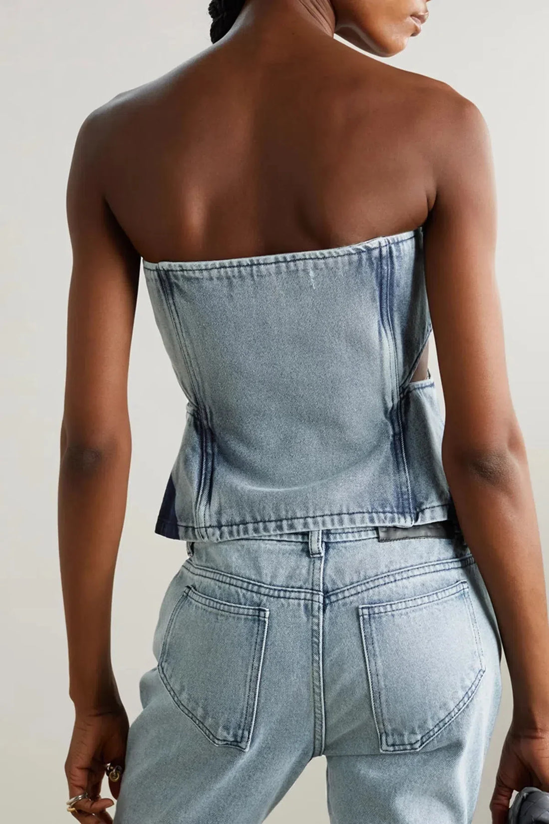 Denim Cut Out Tube Top & Patch Jeans Two Piece Set - KAYSMAR