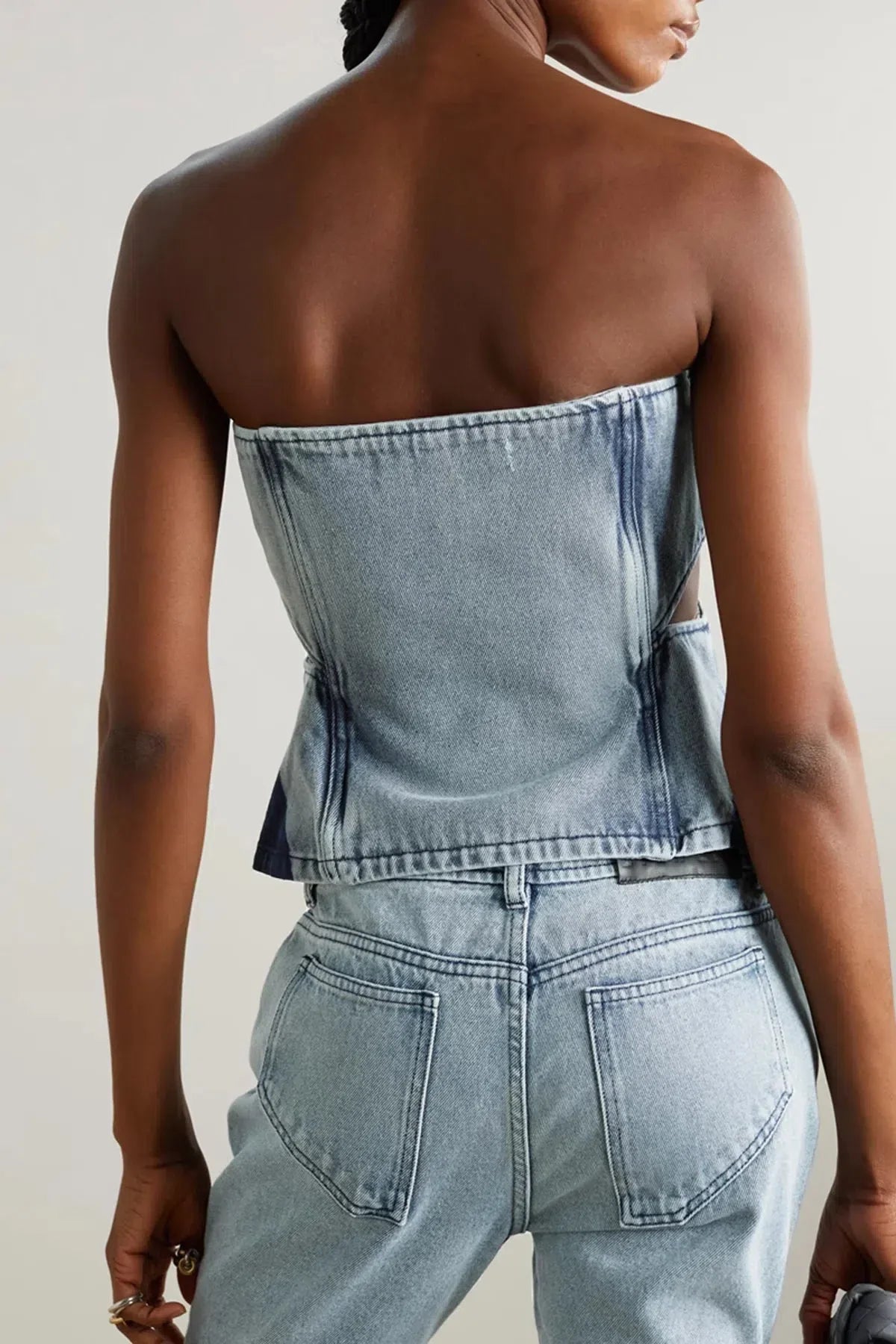 Denim Cut Out Tube Top & Patch Jeans Two Piece Set - KAYSMAR