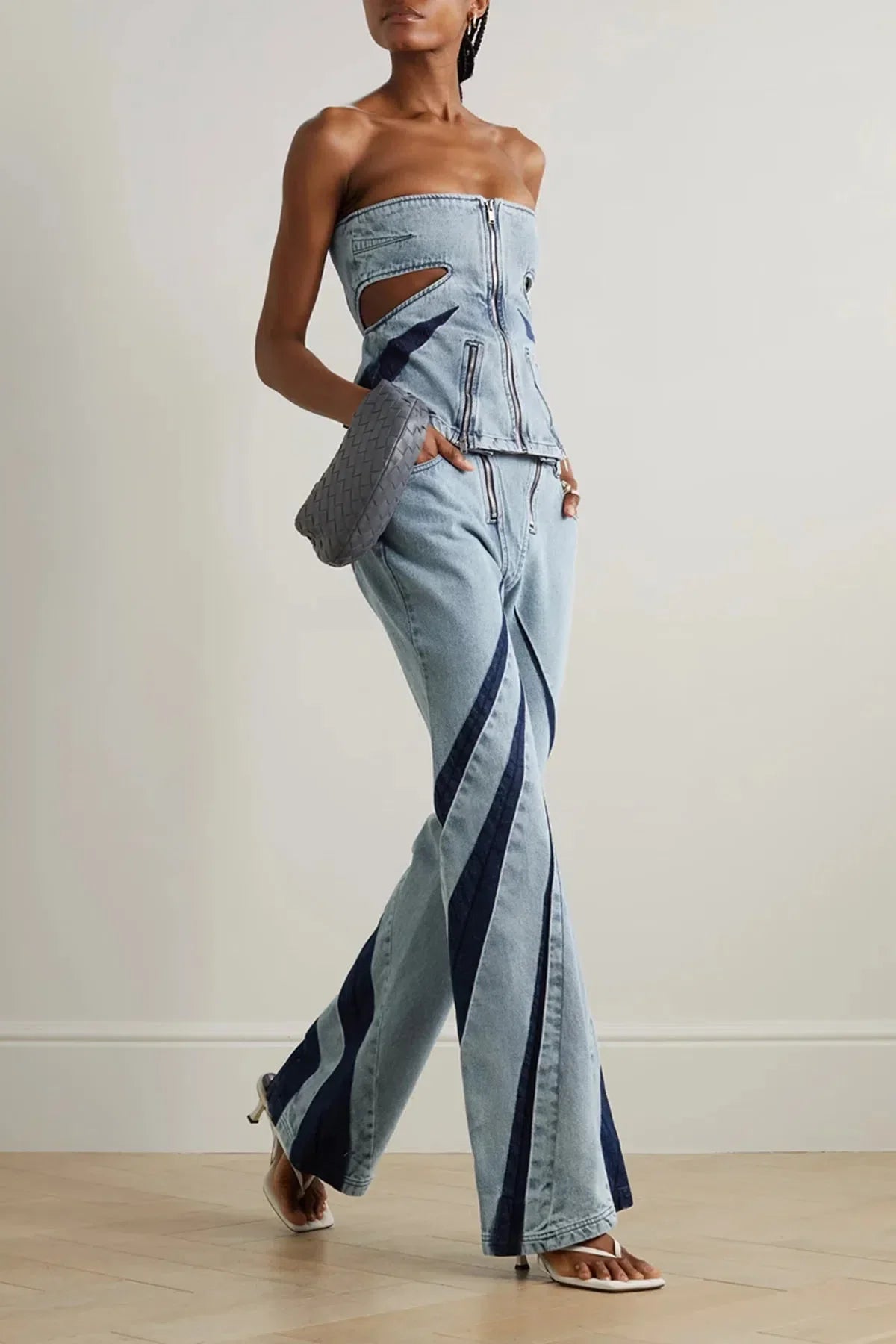 Denim Cut Out Tube Top & Patch Jeans Two Piece Set - KAYSMAR