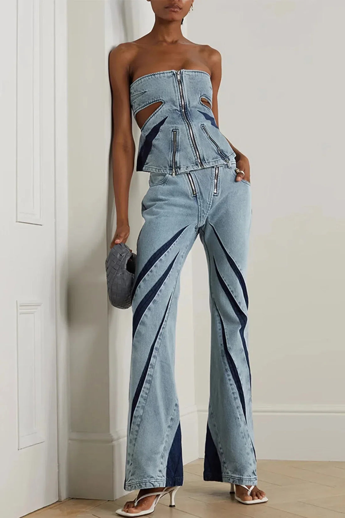 Denim Cut Out Tube Top & Patch Jeans Two Piece Set - KAYSMAR