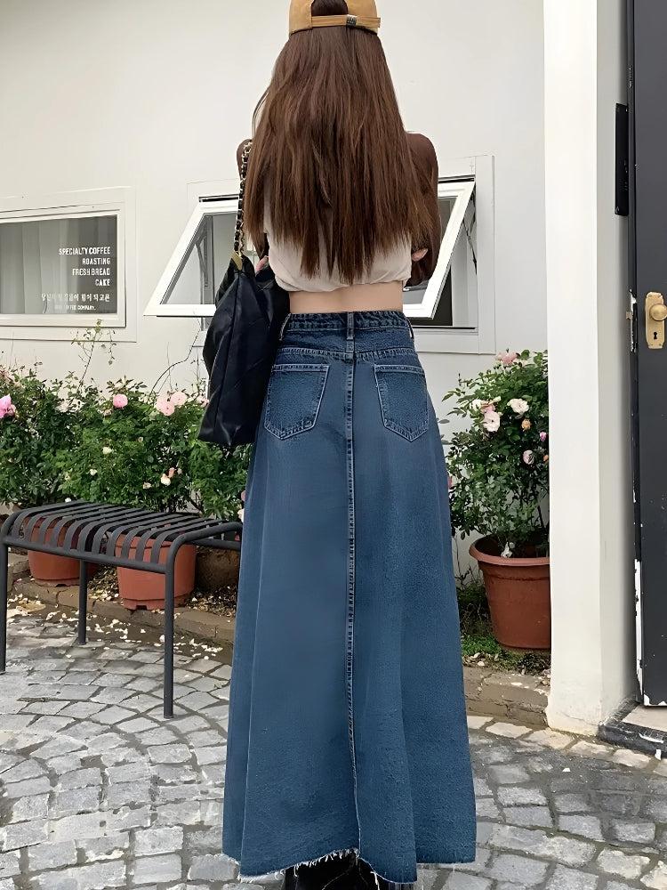 Denim Slit Frayed Hem Maxi Skirt - KAYSMAR