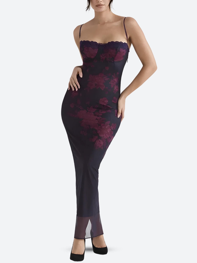 Floral Bodycon Lace Up Mesh Maxi Dress - KAYSMAR