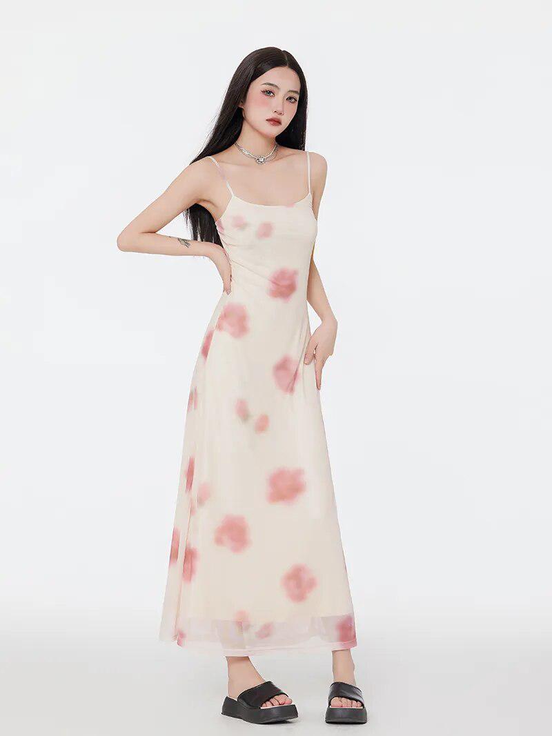 Floral Mesh Spaghetti Strap Maxi Dress - KAYSMAR