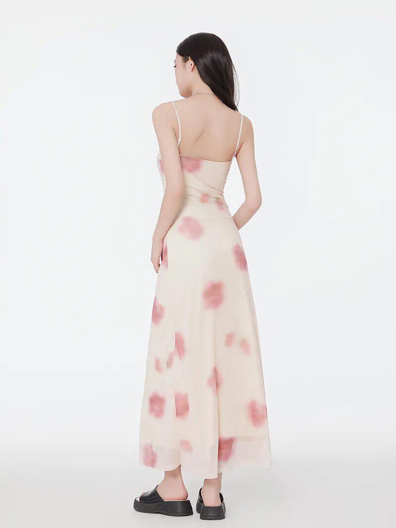 Floral Mesh Spaghetti Strap Maxi Dress - KAYSMAR