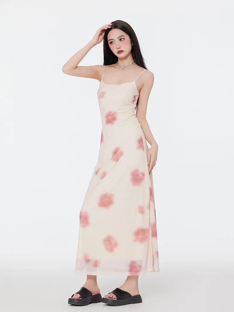 Floral Mesh Spaghetti Strap Maxi Dress - KAYSMAR