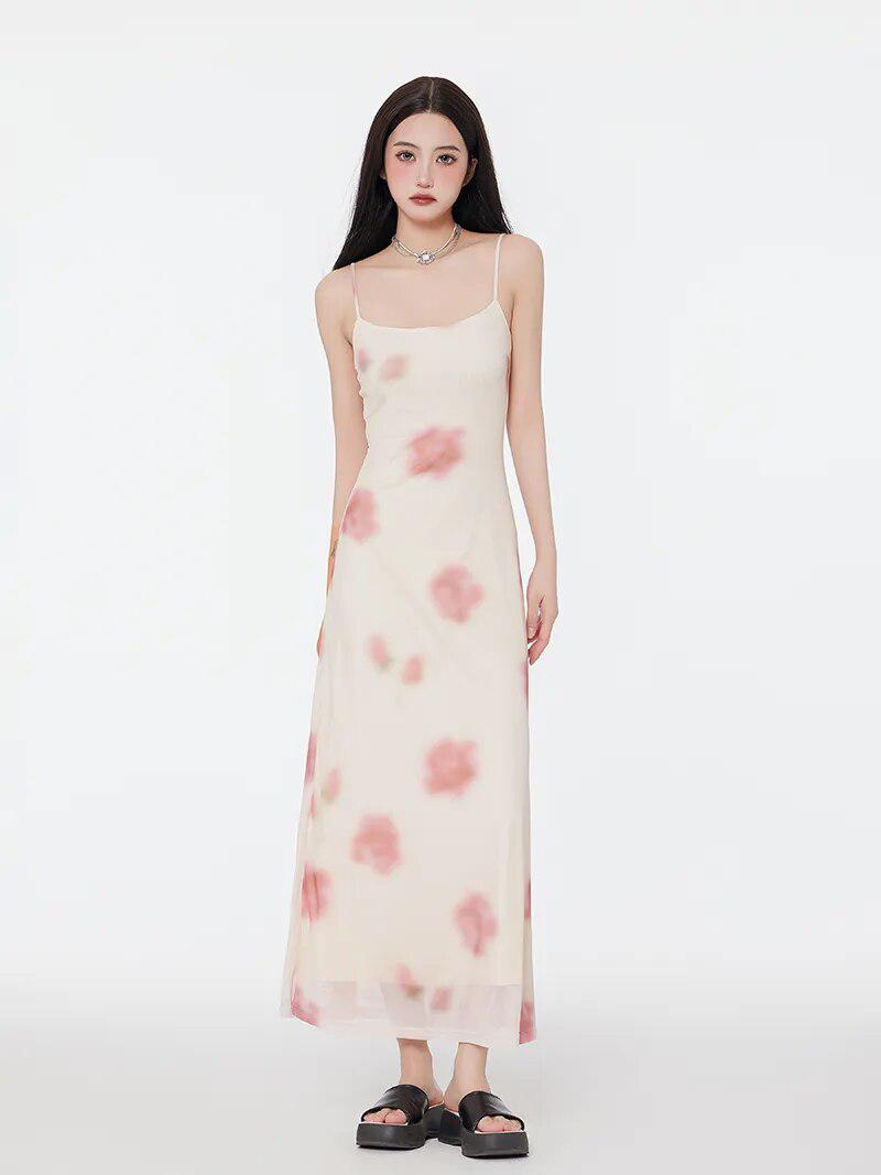 Floral Mesh Spaghetti Strap Maxi Dress - KAYSMAR