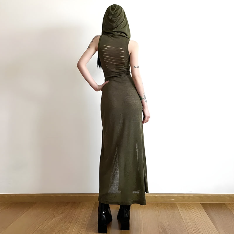 Goth Hooded Cut Out Back Midi Dress - KAYSMAR