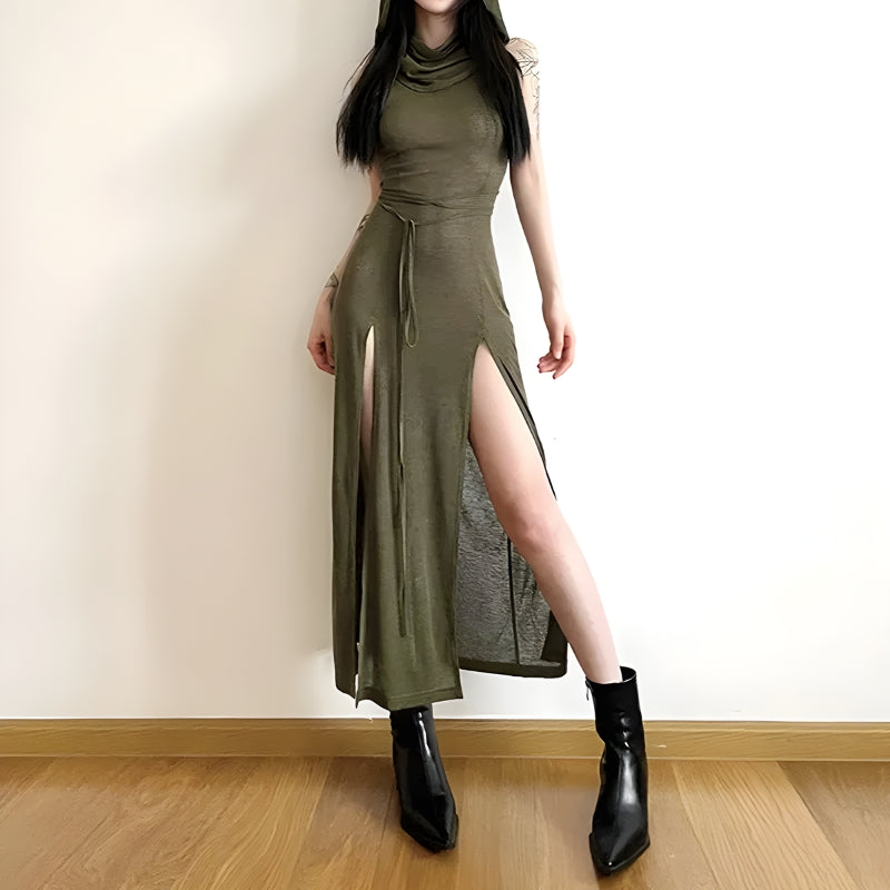 Goth Hooded Cut Out Back Midi Dress - KAYSMAR