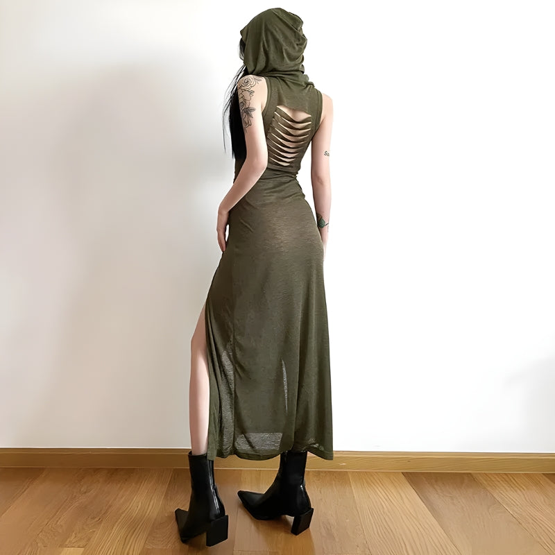 Goth Hooded Cut Out Back Midi Dress - KAYSMAR