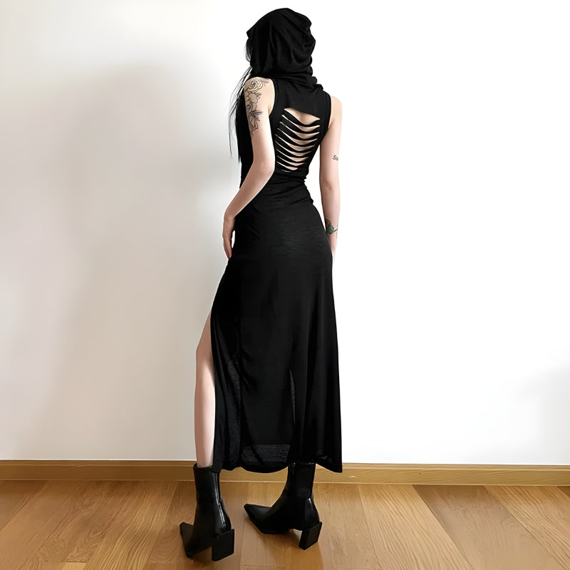 Goth Hooded Cut Out Back Midi Dress - KAYSMAR
