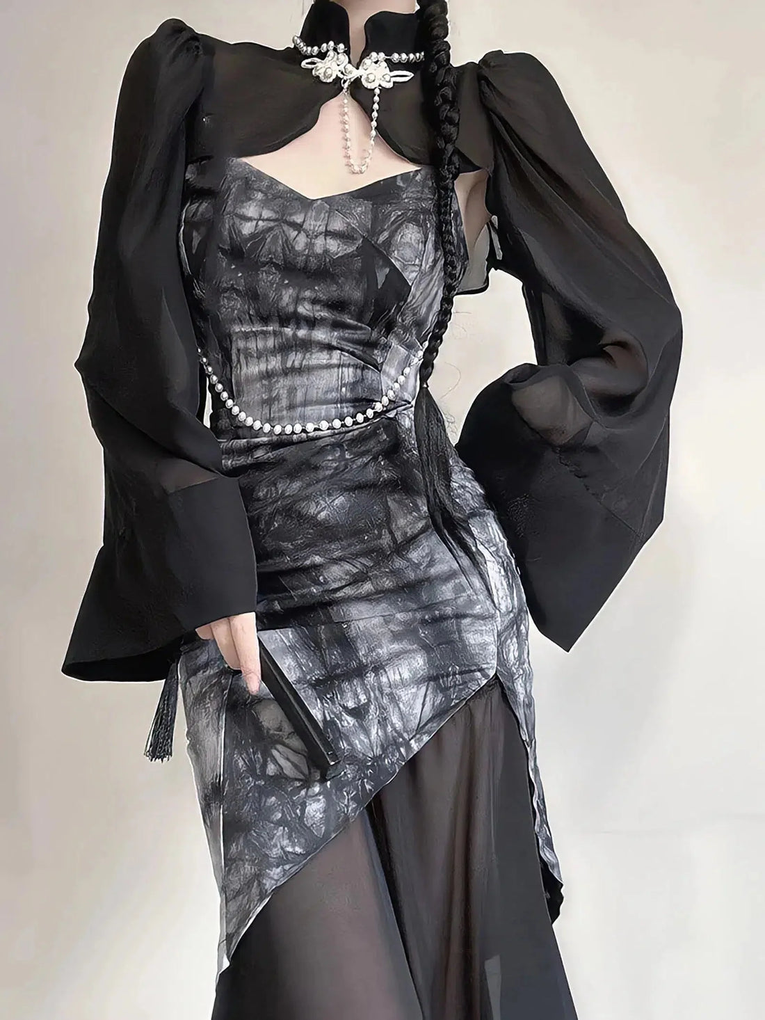 Goth Wide Sleeve Qipao Midi Dress - KAYSMAR