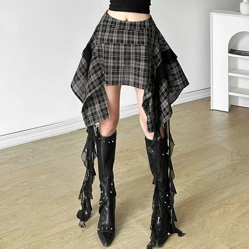 Grunge Plaid Asymmetric Mini Skirt