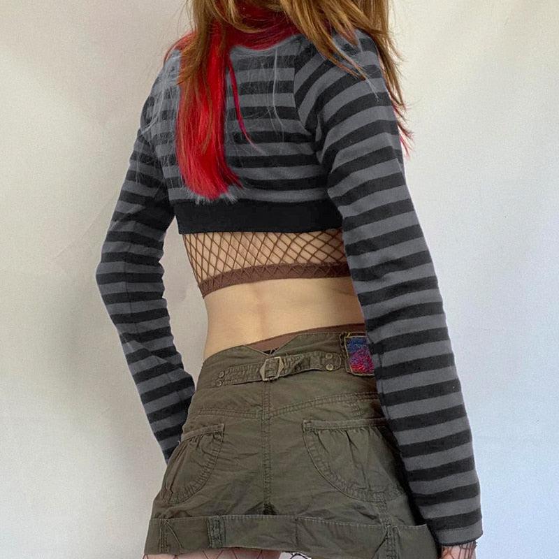 Grunge Striped Button-Up Crop Top - KAYSMAR
