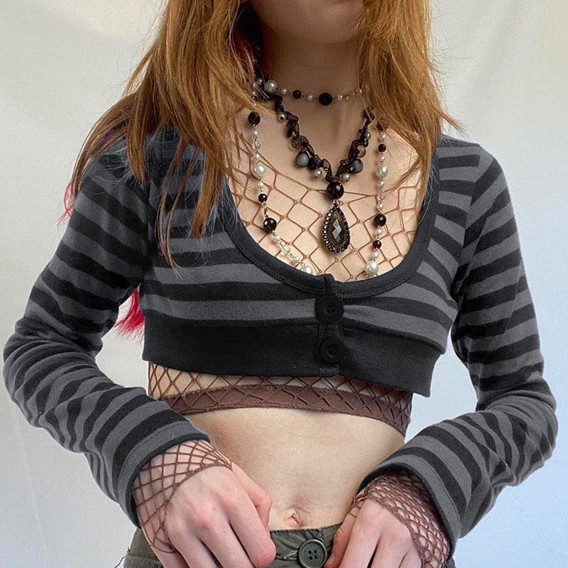 Grunge Striped Button-Up Crop Top - KAYSMAR