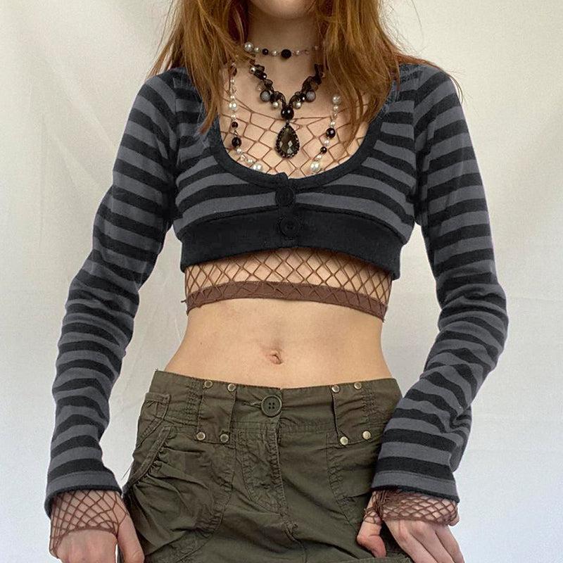 Grunge Striped Button-Up Crop Top - KAYSMAR