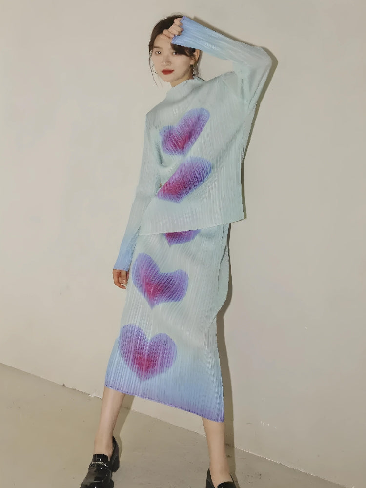 Heart Pleated Top & Midi Skirt Two Piece Set - KAYSMAR